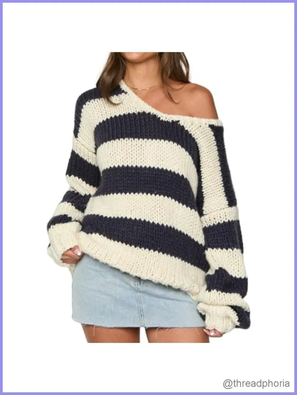 Women Striped Chunky Knit Sweater Drop Shoulder Long Sleeve V-Neck Oversized